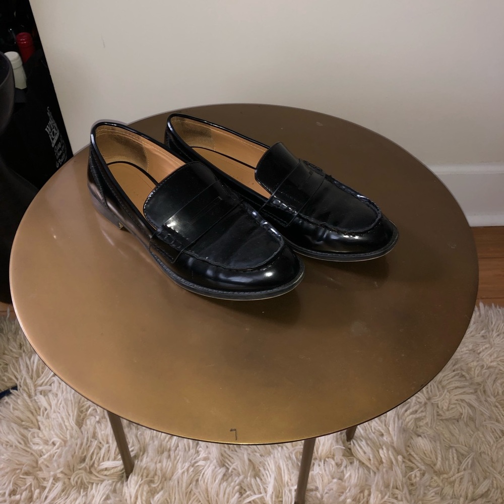 black faux leather loafers